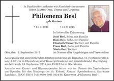 Traueranzeige Philomena Besl
