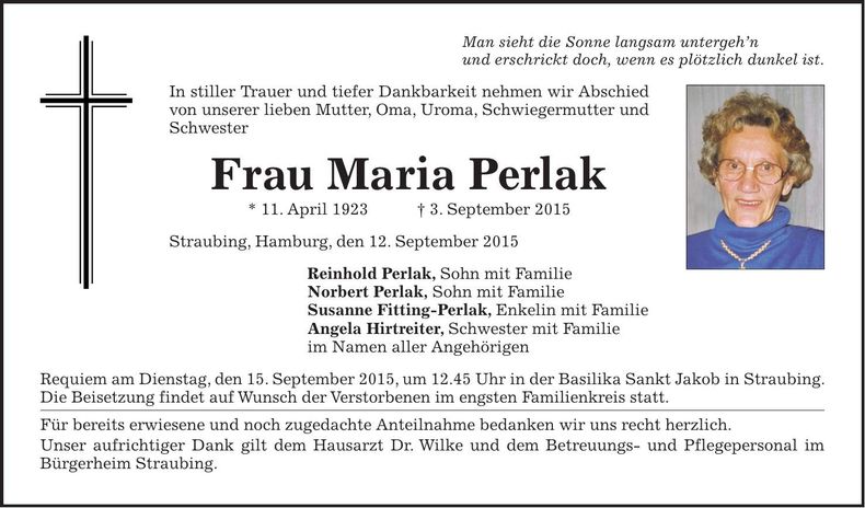 Traueranzeige Maria Perlak