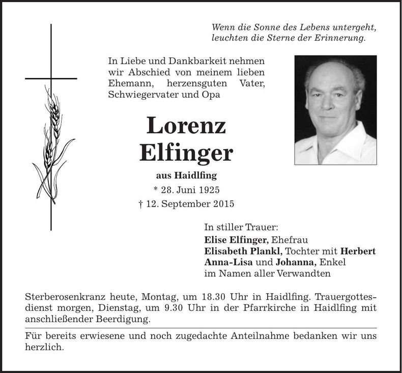 Traueranzeige Lorenz Elfinger