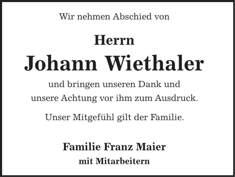 Traueranzeige Johann Wiethaler