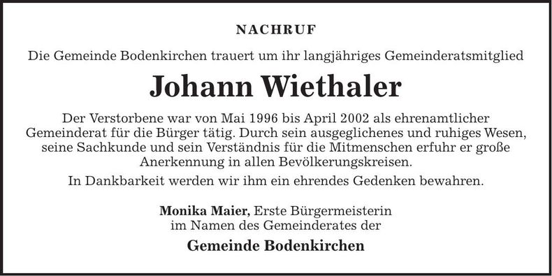 Traueranzeige Johann Wiethaler