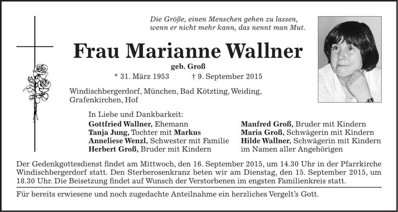 Traueranzeige Marianne Wallner