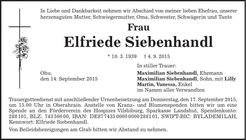 Traueranzeige Elfriede Siebenhandl