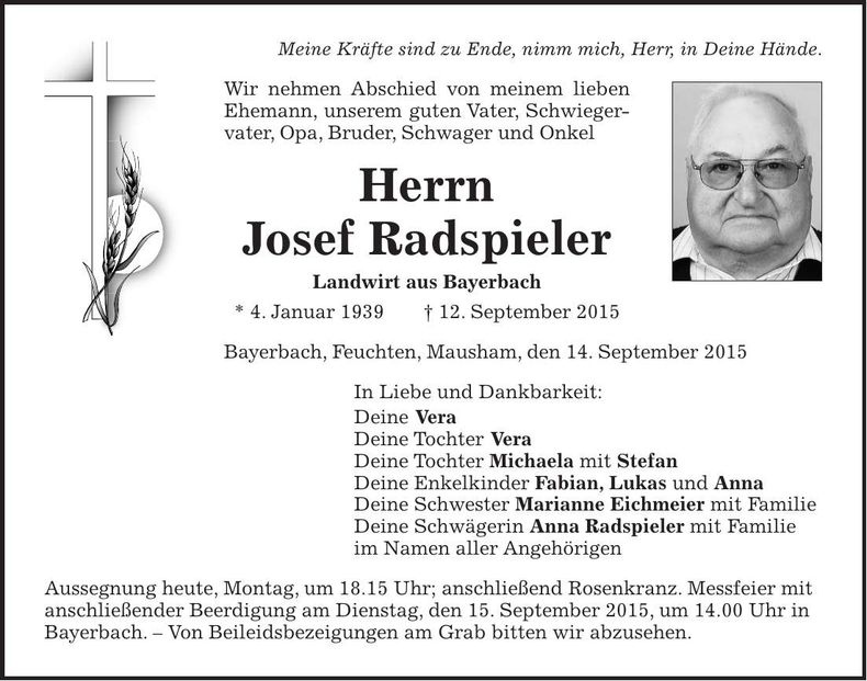 Traueranzeige Josef Radspieler