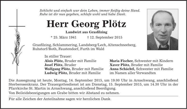 Traueranzeige Georg Plötz