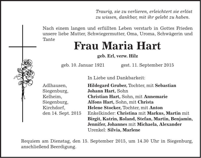 Traueranzeige Maria Hart