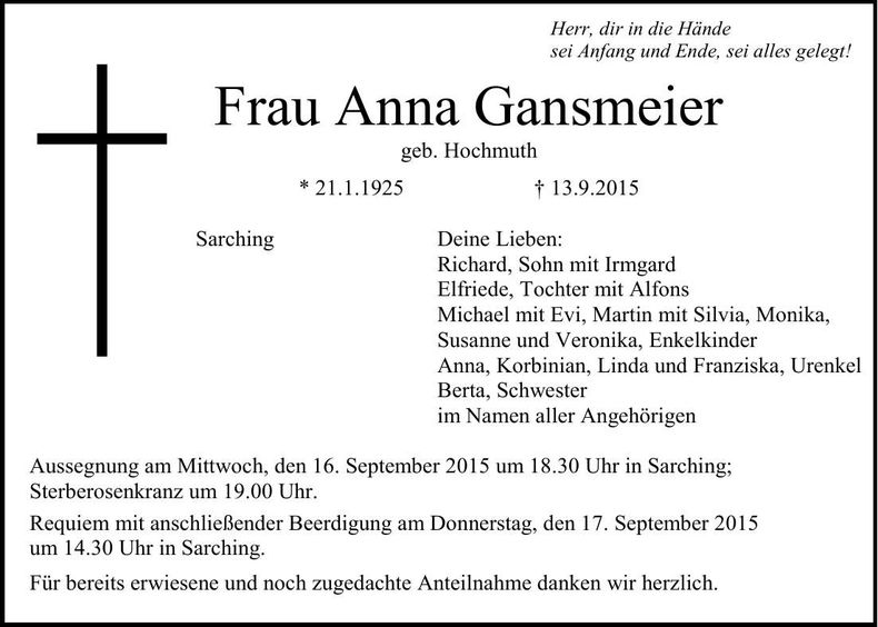 Traueranzeige Anna Gansmeier