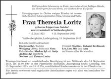 Traueranzeige Theresia Loritz