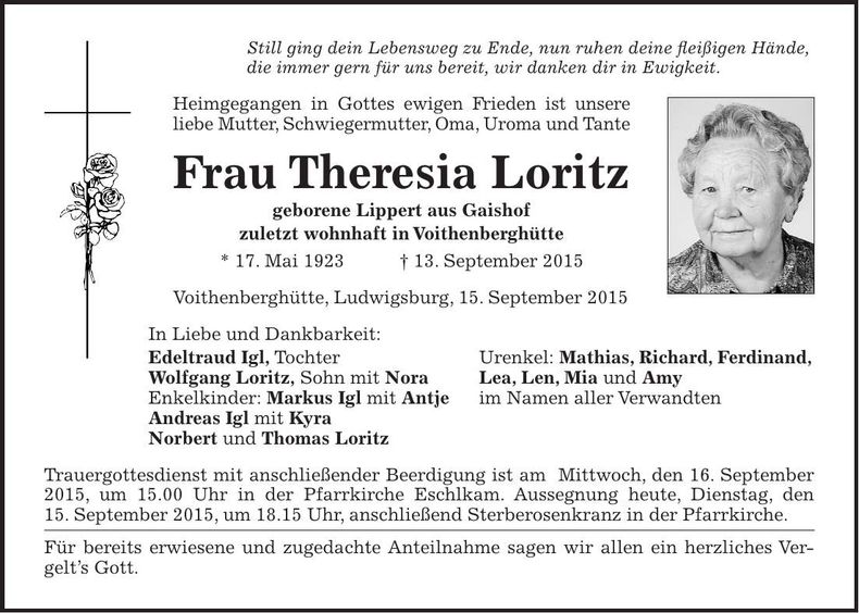 Traueranzeige Theresia Loritz