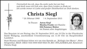 Traueranzeige Christa Siegl