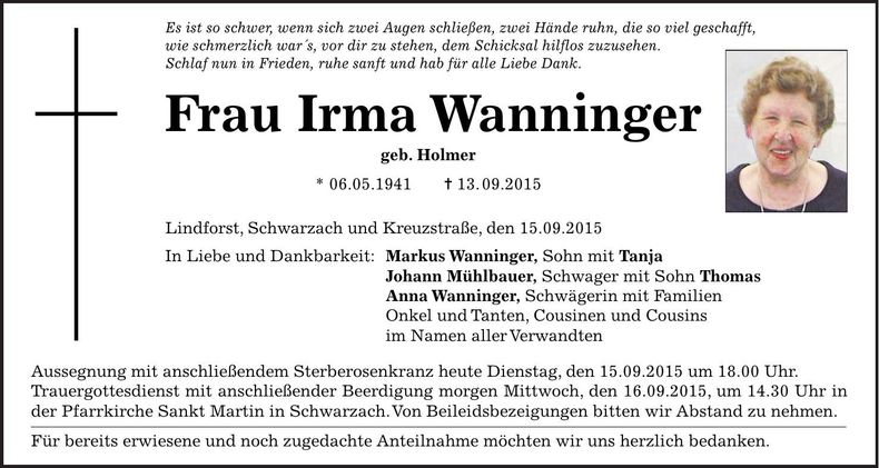 Traueranzeige Irma Wanninger