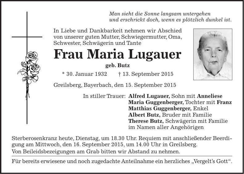 Traueranzeige Maria Lugauer
