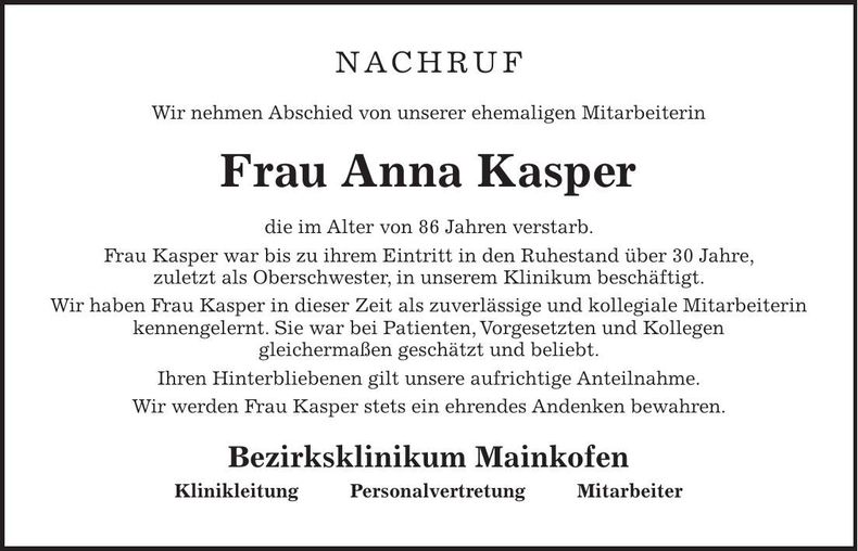 Traueranzeige Anna Kasper