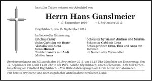 Traueranzeige Hans Ganslmeier