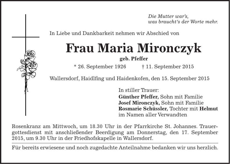 Traueranzeige Maria Mironczyk