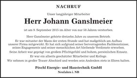 Traueranzeige Johann Ganslmeier