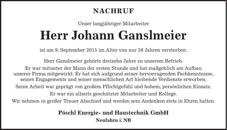 Traueranzeige Johann Ganslmeier