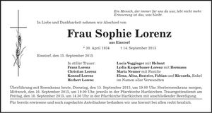 Traueranzeige Sophie Lorenz
