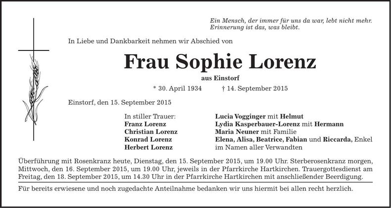 Traueranzeige Sophie Lorenz