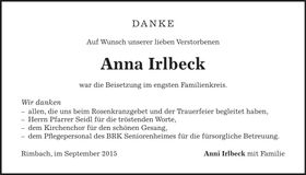 Traueranzeige Anna Irlbeck