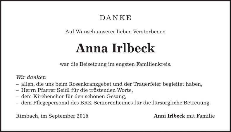 Traueranzeige Anna Irlbeck