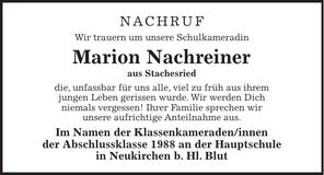 Traueranzeige Marion Nachreiner
