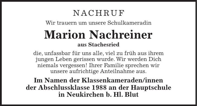 Traueranzeige Marion Nachreiner