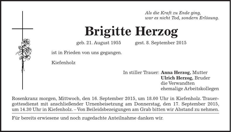 Traueranzeige Brigitte Herzog