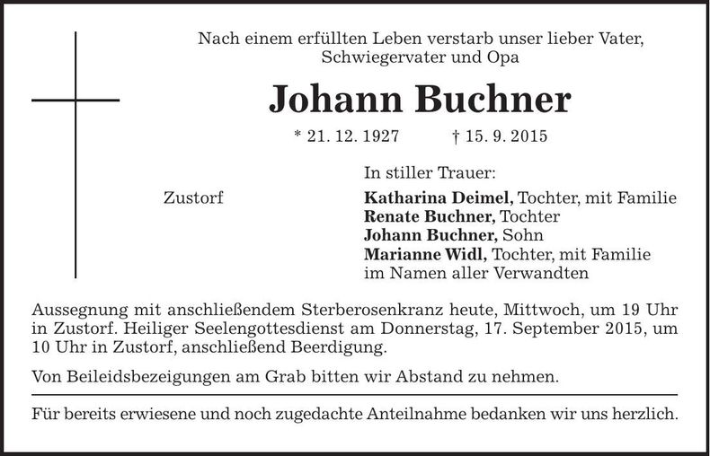 Traueranzeige Johann Buchner