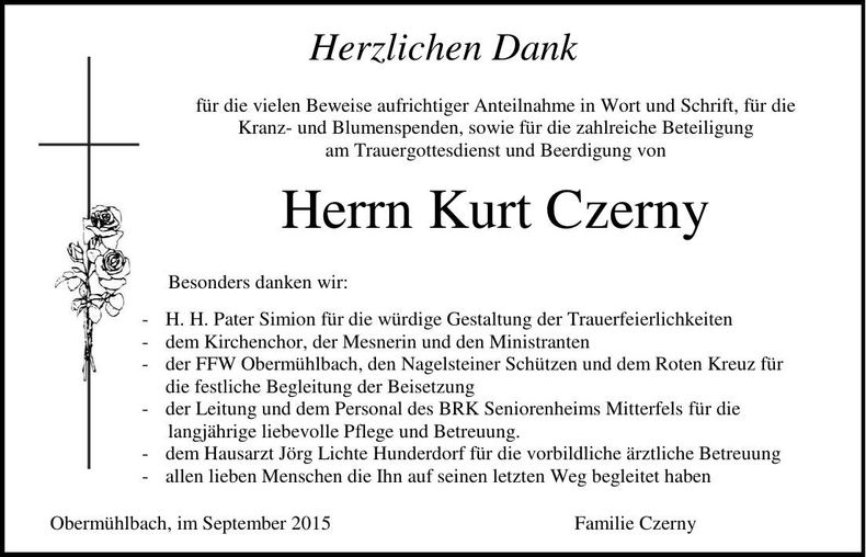 Traueranzeige Kurt Czerny