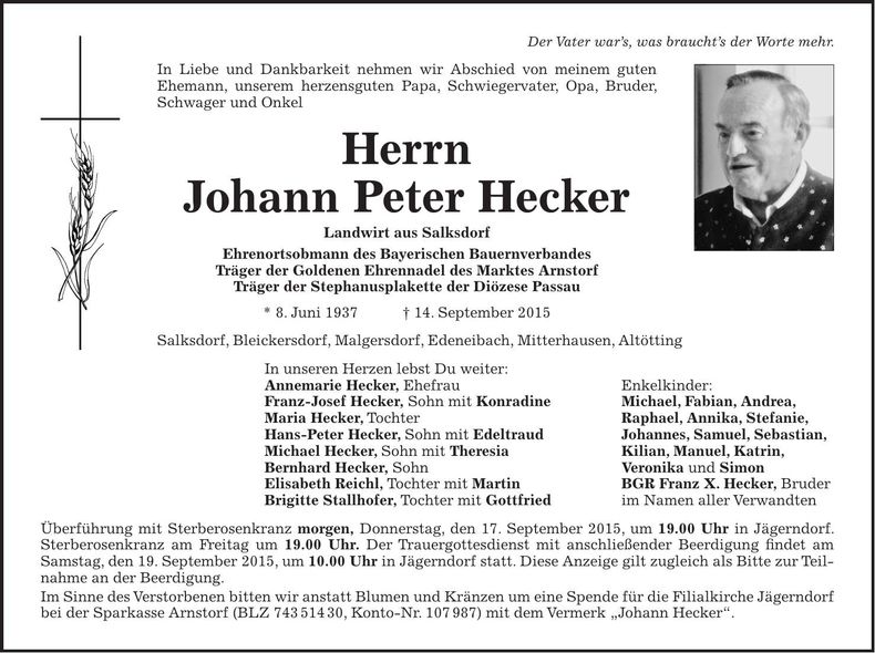 Traueranzeige Johann Peter Hecker