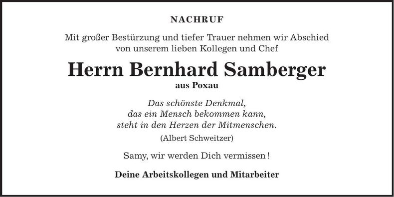 Traueranzeige Bernhard Samberger