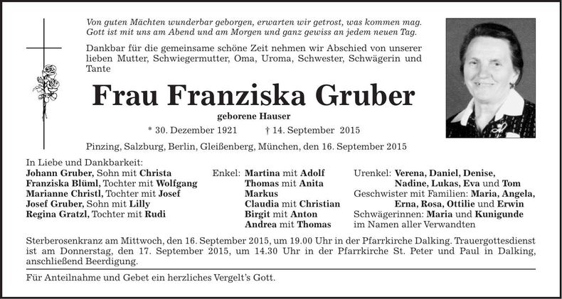Traueranzeige Franziska Gruber