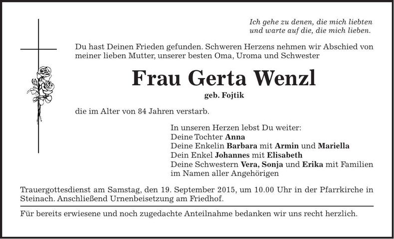 Traueranzeige Gerta Wenzl