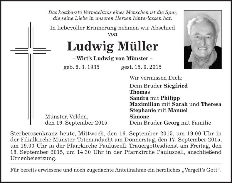 Traueranzeige Ludwig Müller