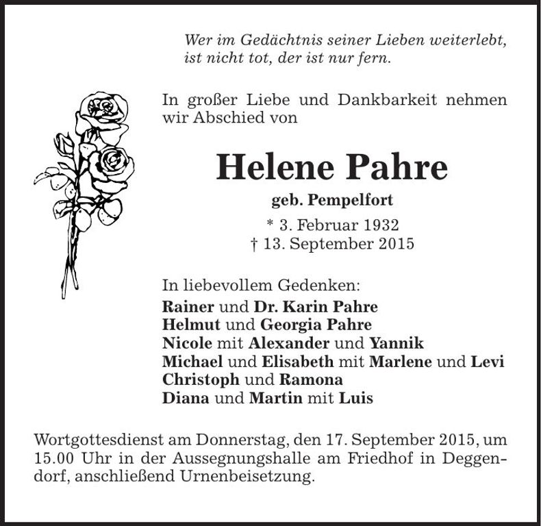 Traueranzeige Helene Pahre