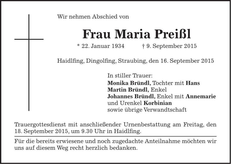 Traueranzeige Maria Preißl