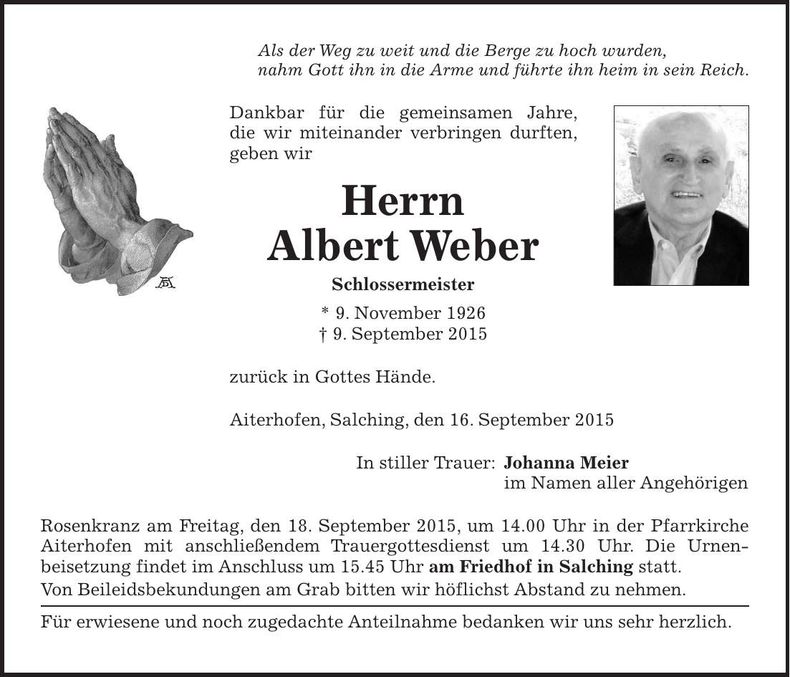Traueranzeige Albert Weber