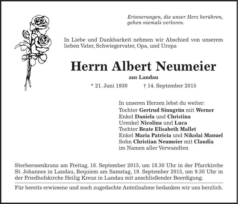 Traueranzeige Albert Neumeier