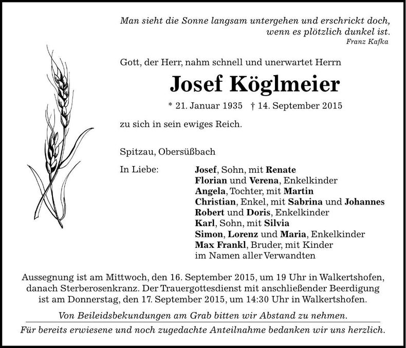 Traueranzeige Josef Köglmeier