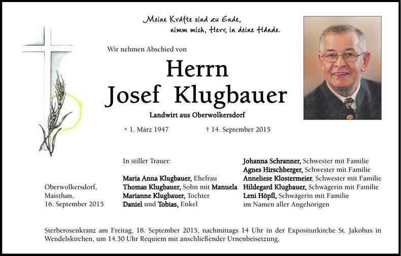 Traueranzeige Josef Klugbauer