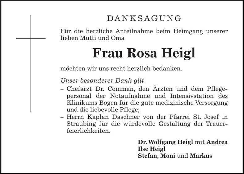 Traueranzeige Rosa Heigl