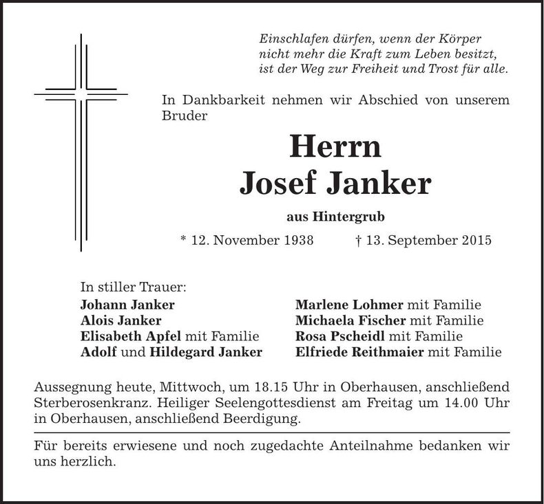 Traueranzeige Josef Janker