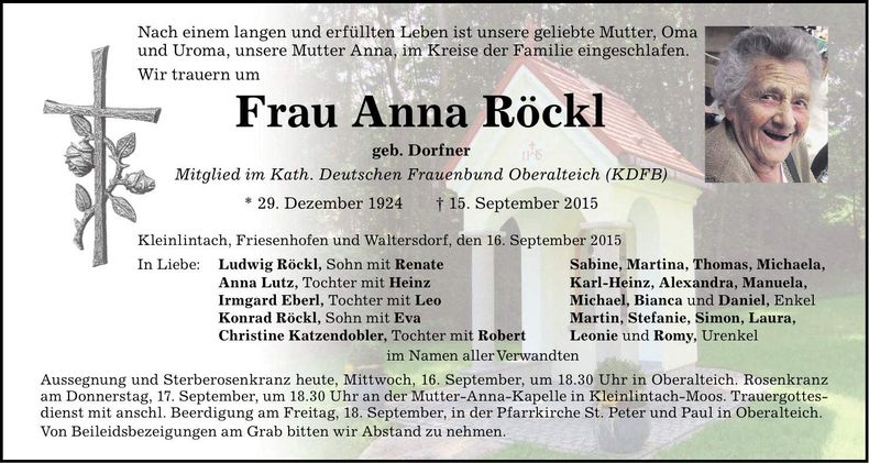 Traueranzeige Anna Röckl