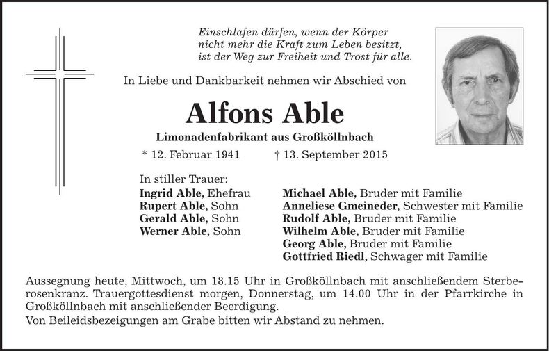 Traueranzeige Alfons Able