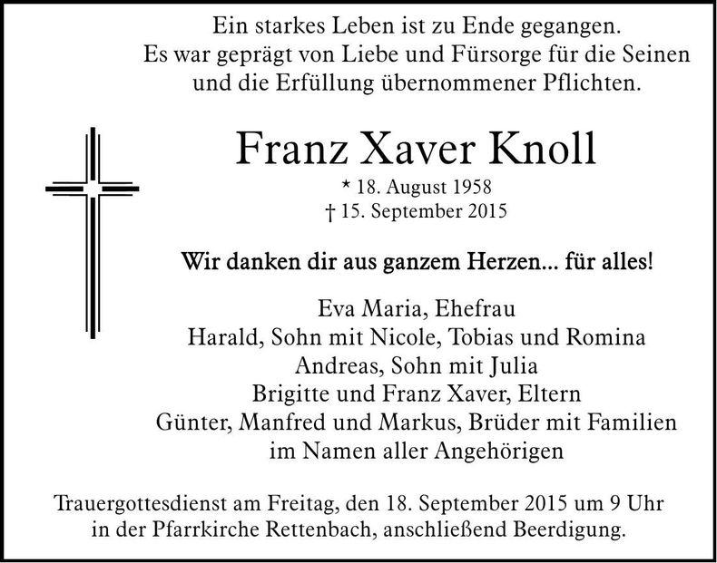 Traueranzeige Franz Xaver Knoll