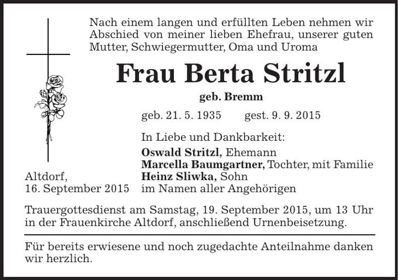 Traueranzeige Berta Stritzl