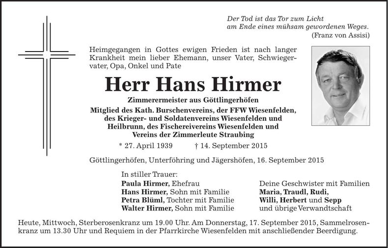 Traueranzeige Hans Hirmer