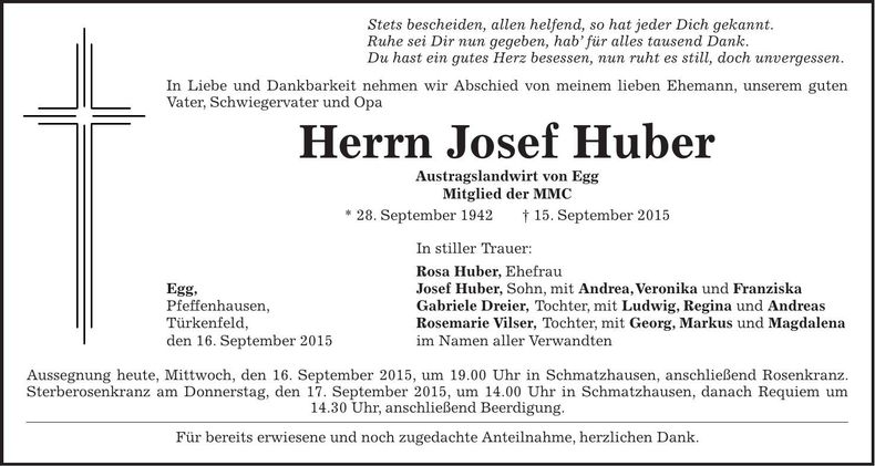 Traueranzeige Josef Huber