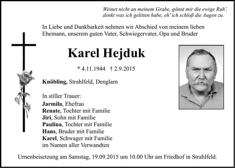 Traueranzeige Karel Hejduk
